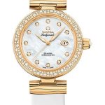 Omega De Ville Ladymatic Omega Co-Axial Watch – 34 mm Yellow Gold Case – Diamond Bezel – White Diamond Dial – White Leather Strap – 425.67.34.20.55.007