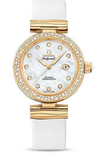 Omega De Ville Ladymatic Omega Co-Axial Watch – 34 mm Yellow Gold Case – Diamond Bezel – White Diamond Dial – White Leather Strap – 425.67.34.20.55.007