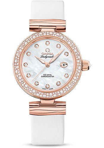 Omega De Ville Ladymatic Omega Co-Axial Watch – 34 mm Sedna Gold Case – Diamond Bezel – White Diamond Dial – White Leather Strap – 425.67.34.20.55.008
