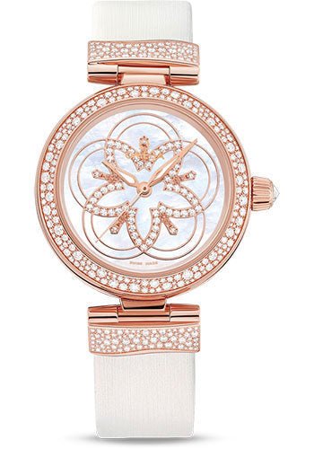 Omega De Ville Ladymatic Omega Co-Axial Watch – 34 mm Sedna Gold Case – Diamond Bezel – White Dial – White Leather Strap – 425.67.34.20.55.009
