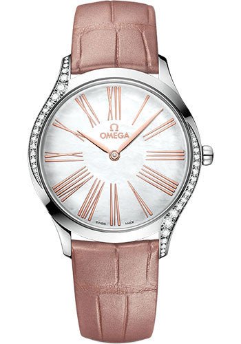 Omega De Ville Tresor Quartz – 36 mm Steel Case – Lacquered White Mother-Of-Pearl Dial – Nude Leather Strap – 428.18.36.60.05.002