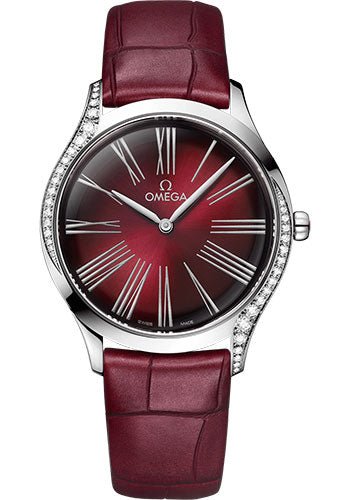 Omega De Ville Tresor Quartz Watch – 36 mm Steel Case – Gradient Burgundy Dial – Burgundy Leather Strap – 428.18.36.60.11.001