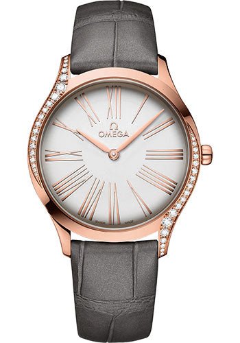 Omega De Ville Tresor Quartz Watch – 36 mm Sedna Gold Case – Silver Dial – Grey Leather Strap – 428.58.36.60.02.001