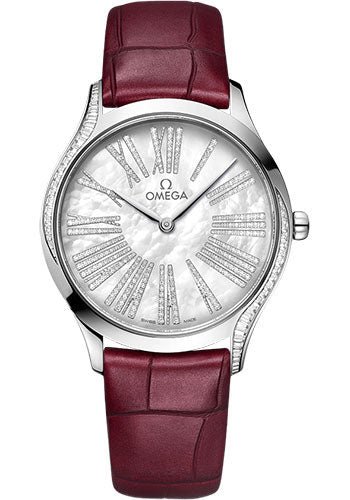 Omega De Ville Tresor Quartz – 36 mm Canopus Gold Case – White Pearled Mother-Of-Pearl Dial – Red Garnet Leather Strap – 428.58.36.60.55.001