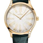 Omega De Ville Tresor Quartz – 39 mm Moonshine Gold Case – Lacquered Opaline Silver Dial – Iridescent Green Leather Strap – 428.58.39.60.02.001