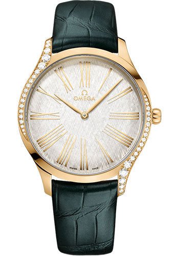 Omega De Ville Tresor Quartz – 39 mm Moonshine Gold Case – Lacquered Opaline Silver Dial – Iridescent Green Leather Strap – 428.58.39.60.02.001