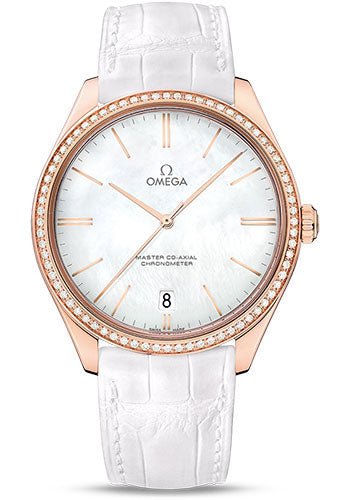 Omega De Ville Tresor Omega Master Co-Axial Watch – 40 mm Sedna Gold Case – Diamond Bezel – White Dial – White Leather Strap – 432.58.40.21.05.001