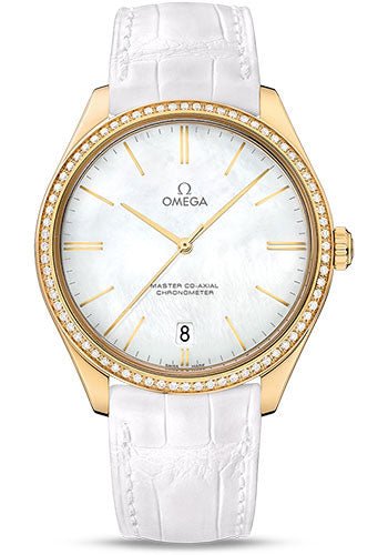 Omega De Ville Tresor Omega Master Co-Axial Watch – 40 mm Yellow Gold Case – Diamond Bezel – White Dial – White Leather Strap – 432.58.40.21.05.002