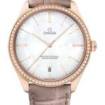 Omega De Ville Tresor Master Co-Axial Watch – 40 mm Sedna Gold Case – Diamond-Set Bezel – Domed Mother-Of-Pearl Dial – Brown Leather Strap – 432.58.40.21.05.003