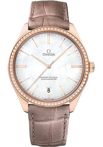 Omega De Ville Tresor Master Co-Axial Watch – 40 mm Sedna Gold Case – Diamond-Set Bezel – Domed Mother-Of-Pearl Dial – Brown Leather Strap – 432.58.40.21.05.003