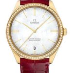 Omega De Ville Tresor Master Co-Axial Watch – 40 mm Yellow Gold Case – Diamond-Set Bezel – Domed Mother-Of-Pearl Dial – Red Leather Strap – 432.58.40.21.05.004