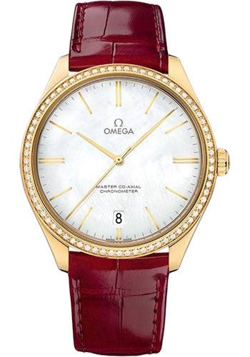 Omega De Ville Tresor Master Co-Axial Watch – 40 mm Yellow Gold Case – Diamond-Set Bezel – Domed Mother-Of-Pearl Dial – Red Leather Strap – 432.58.40.21.05.004