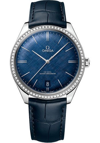 Omega De Ville Tresor Omega Co-Axial Master Chronometer – 40 mm Steel Case – Diamond Bezel – Blue Patterned Dial – Blue Leather Strap – 435.18.40.21.03.001