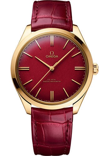 Omega De Ville Tresor Co-Axial Master Chronometer 125th Anniversary Edition Watch – 40 mm Yellow Gold Case – Rare Red Enamel Dial – Burgundy Leather Strap – 435.53.40.21.11.001