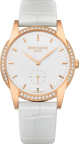 Patek Philippe Ladies Calatrava 33mm White Hobnail Index Diamond Bezel Rose Gold Leather – 7122-200R-001