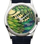 Patek Philippe Calatrava Rare Handcrafts – 38mm Platinum Case – Cloisonne Peacock Feather Dial – Dark Blue Strap – 5077P-089