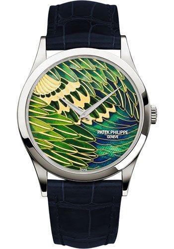 Patek Philippe Calatrava Rare Handcrafts – 38mm Platinum Case – Cloisonne Peacock Feather Dial – Dark Blue Strap – 5077P-089