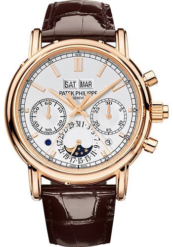 Patek Philippe Grand Complications Split Seconds Chronograph Pertetual Calendar Watch – 40.2mm Rose Gold Case – Silver Dial – Chocolate Strap – 5204R-001