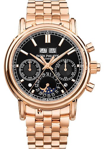 Patek Philippe Grand Complications Split Seconds Chronograph Pertetual Calendar Watch – 40.2mm Rose Gold Case – Black Dial – Rose Gold Bracelet – 5204/1R-001