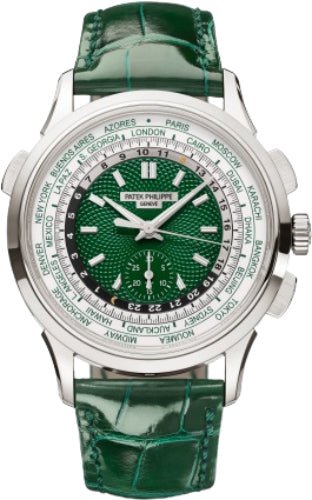 Patek Philippe Complications World Time 39.5 mm Flyback Chronograph Platinum Green Dial – 5930P-001