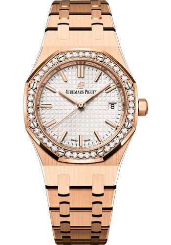 Audemars Piguet Royal Oak Self Winding Watch – 34mm Pink Gold Case – Diamond Bezel – Silver Dial – Bracelet – 77351OR.ZZ.1261OR.01