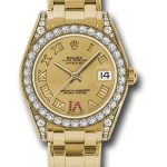 Rolex Yellow Gold Datejust Pearlmaster 34 Watch – 34 Diamond Bezel – Champagne Ruby Roman Vi Roman Dial – 81158
