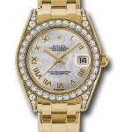 Rolex Yellow Gold Datejust Pearlmaster 34 Watch – 34 Diamond Bezel – White Mother-Of-Pearl Roman Dial – 81158