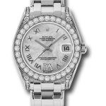 Rolex White Gold Datejust Pearlmaster 34 Watch – 34 Diamond Bezel – White Mother-Of-Pearl Roman Dial – 81159