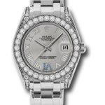 Rolex White Gold Datejust Pearlmaster 34 Watch – 34 Diamond Bezel – Silver Roman Dial – 81159