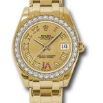 Rolex Yellow Gold Datejust Pearlmaster 34 Watch – 34 Diamond Bezel – Champagne Ruby Roman Vi Roman Dial – 81298