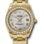 Rolex Yellow Gold Datejust Pearlmaster 34 Watch – 34 Diamond Bezel – White Mother-Of-Pearl Roman Dial – 81298