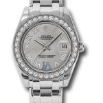 Rolex White Gold Datejust Pearlmaster 34 Watch – 34 Diamond Bezel – Silver Roman Dial – 81299
