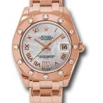 Rolex Everose Gold Datejust Pearlmaster 34 Watch – 12 Diamond Bezel – White Mother-Of-Pearl Roman Dial – 81315