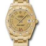 Rolex Yellow Gold Datejust Pearlmaster 34 Watch – 12 Diamond Bezel – Champagne Ruby Roman Vi Roman Dial – 81318