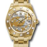 Rolex Yellow Gold Datejust Pearlmaster 34 Watch – 12 Diamond Bezel – Goldust Dream Mother-Of-Pearl Diamond Dial – 81318