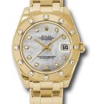 Rolex Yellow Gold Datejust Pearlmaster 34 Watch – 12 Diamond Bezel – White Mother-Of-Pearl Diamond Dial – 81318