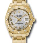Rolex Yellow Gold Datejust Pearlmaster 34 Watch – 12 Diamond Bezel – White Mother-Of-Pearl Roman Dial – 81318