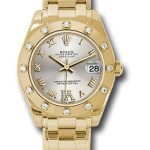 Rolex Yellow Gold Datejust Pearlmaster 34 Watch – 12 Diamond Bezel – Silver Diamond Roman VI Dial – 81318 sdr6