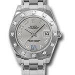 Rolex White Gold Datejust Pearlmaster 34 Watch – 12 Diamond Bezel – Silver Roman Dial – 81319
