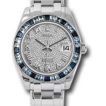 Rolex White Gold Datejust Pearlmaster 34 Watch – 12 Blue And 24 Light-Blue Sapphire Baguettes Bezel – Diamond Paved Roman Dial – 81349SA