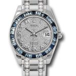Rolex White Gold Datejust Pearlmaster 34 Watch – 12 Blue And 24 Light-Blue Sapphire Baguettes Bezel – Diamond Paved Roman Dial – 81349SA dprdp