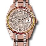 Rolex Everose Gold Datejust Pearlmaster 39 Watch – 48 Orange To Yellow Gradient Baguette-Cut Sapphires Bezel – 18K Everose Gold Diamond Paved Dial – 86345SAJOR