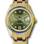 Rolex Yellow Gold Datejust Pearlmaster 39 Watch – 48 Blue To Green Gradient Baguette-Cut Sapphires Bezel – Olive Green Diamond Dial – 86348SABLV