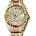Rolex Yellow Gold Datejust Pearlmaster 39 Watch – 48 Orange To Yellow Gradient Baguette-Cut Sapphires Bezel – 18K Yellow Gold Diamond Paved Dial – 86348SAJOR