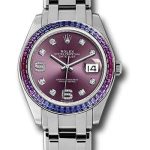 Rolex White Gold Datejust Pearlmaster 39 Watch – 48 Blue To Fuchsia Pink Gradient Baguette-Cut Sapphires Bezel – Red Grape Diamond Dial – 86349SAFUBL