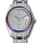Rolex White Gold Datejust Pearlmaster 39 Watch – 48 Blue To Fuchsia Pink Gradient Baguette-Cut Sapphires Bezel – 18K White Gold Diamond Paved Dial – 86349SAFUBL