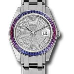 Rolex White Gold Datejust Pearlmaster 39 Watch – 48 Blue To Fuchsia Pink Gradient Baguette-Cut Sapphires Bezel – 18K White Gold Diamond Paved Dial – 86349SAF