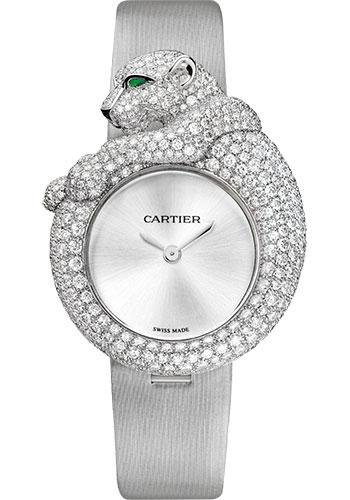 Cartier Feline de Cartier Watch – 43 mm White Gold Diamond Case – Light Gray Fabric Strap – HPI00341