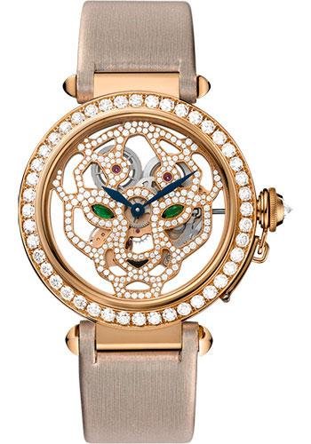 Cartier Pasha Skeleton Watch – 42 mm Pink Gold Diamond Case – Pink Gold Dial – Brown Fabric Strap – HPI00508