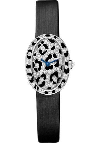 Cartier Mini Baignoire Panther Spots Watch – White Gold Diamond Case – Diamond Dial – Dark Gray Fabric Strap – HPI00703